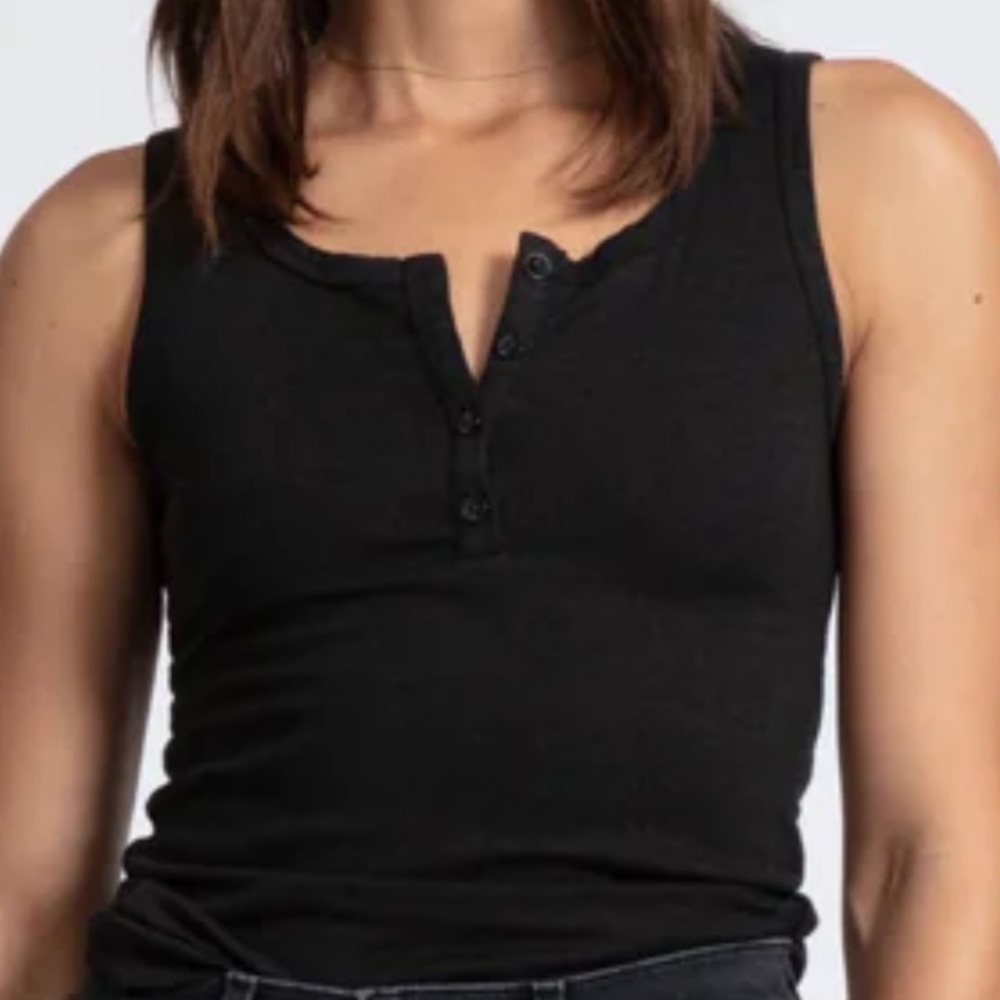 AskkNY Black Ribbed henley style  Tank Top with Button Detail Size 2